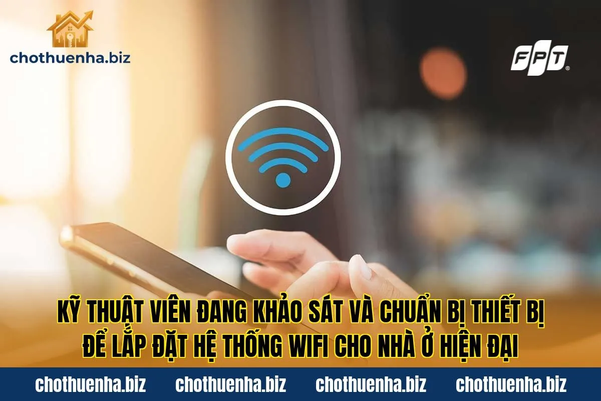 Kỹ thuật viên đang khảo sát và chuẩn bị thiết bị để lắp đặt hệ thống wifi cho nhà ở hiện đại