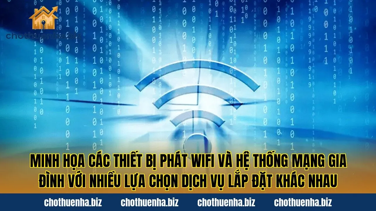 Minh họa các thiết bị phát wifi và hệ thống mạng gia đình với nhiều lựa chọn dịch vụ lắp đặt khác nhau