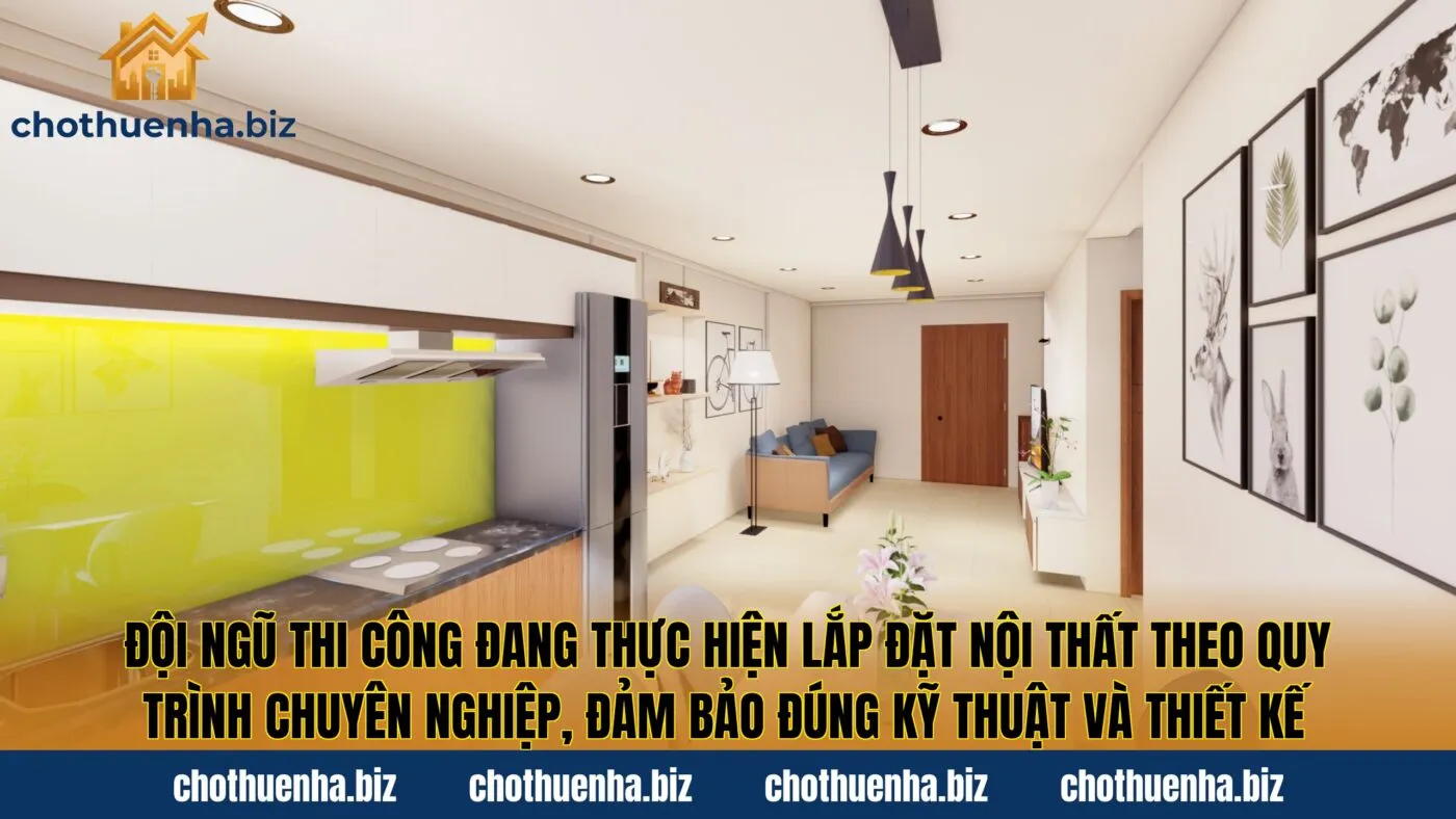 Đội ngũ thi công đang thực hiện lắp đặt nội thất theo quy trình chuyên nghiệp, đảm bảo đúng kỹ thuật và thiết kế