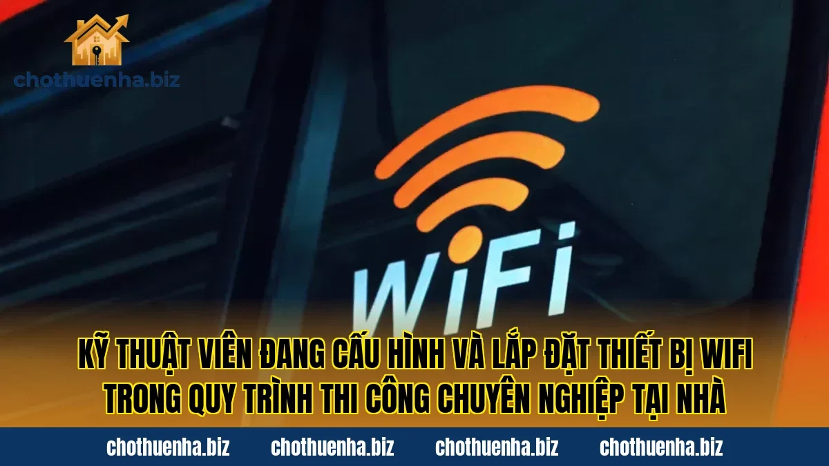 Kỹ thuật viên đang cấu hình và lắp đặt thiết bị wifi trong quy trình thi công chuyên nghiệp tại nhà