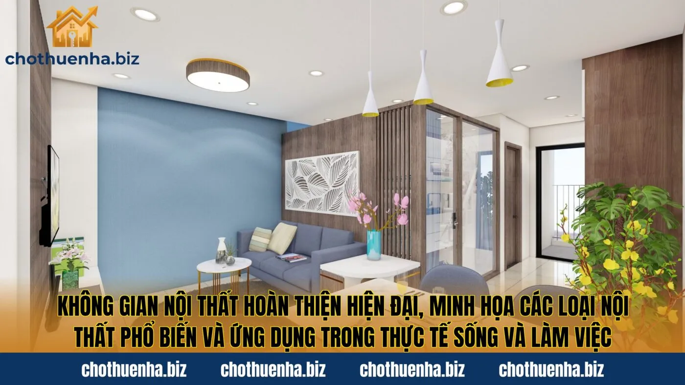 Không gian nội thất hoàn thiện hiện đại, minh họa các loại nội thất phổ biến và ứng dụng trong thực tế sống và làm việc