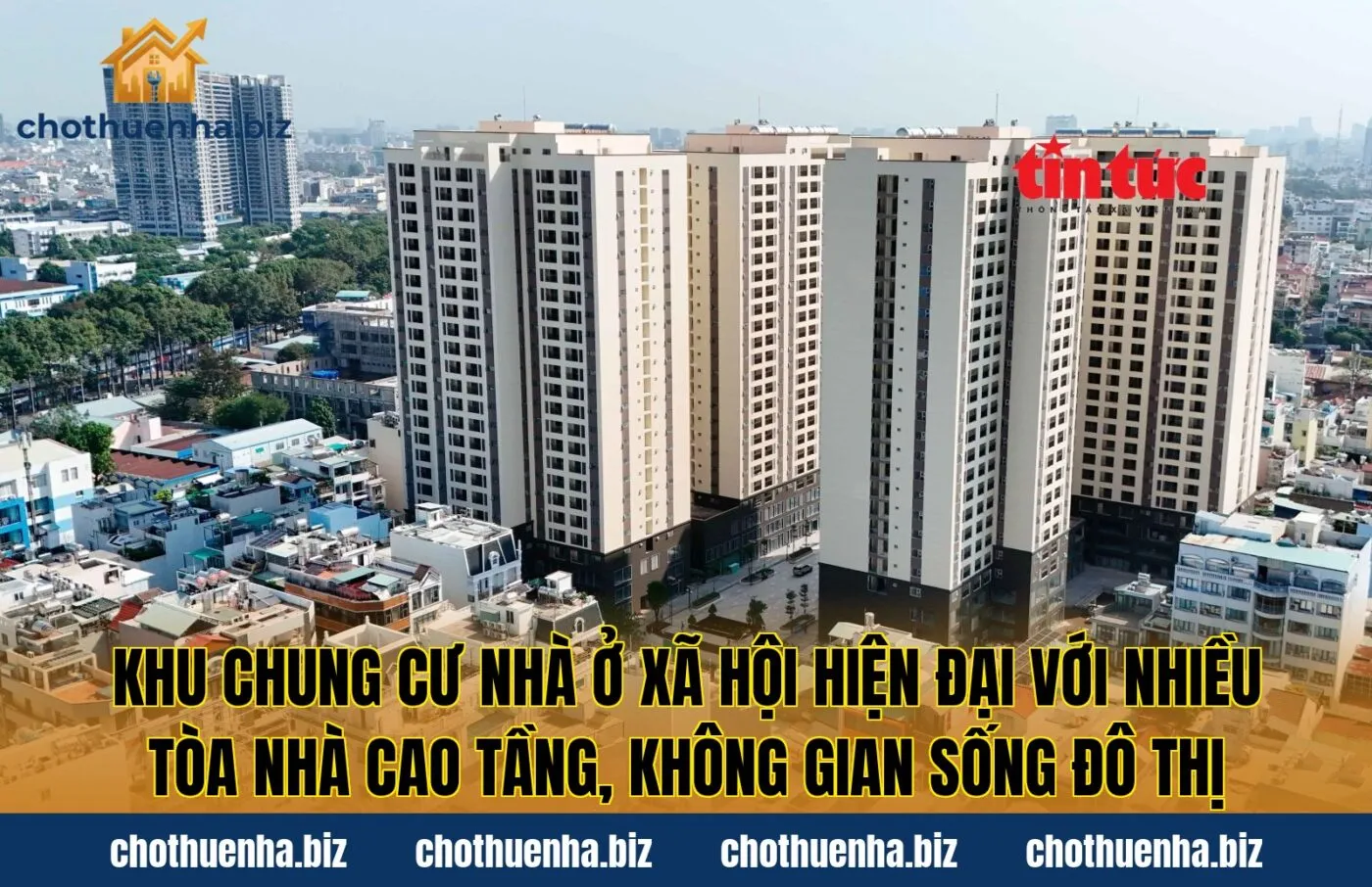 Khu chung cư nhà ở xã hội hiện đại với nhiều tòa nhà cao tầng, không gian sống đô thị